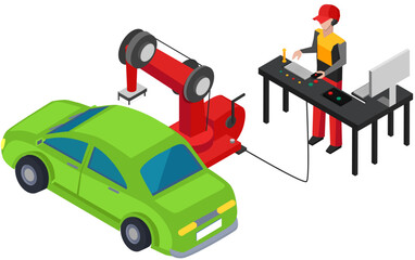 Worker controls process of automated production of automobile. Car body with robotic arm and mechanic or engineer. Man manages work of robot using control panel. Automotive construction of vehicles
