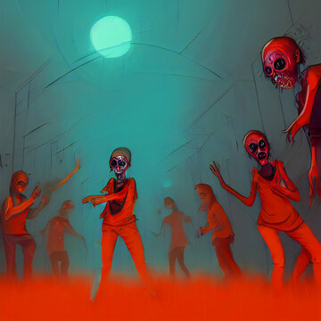 Ilustraci&oacute;n digital de un desfile de zombis con los colores cl&aacute;sicos de Halloween 