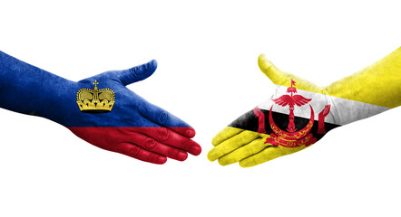 Handshake between Brunei and Liechtenstein flags painted on hands, isolated transparent image.