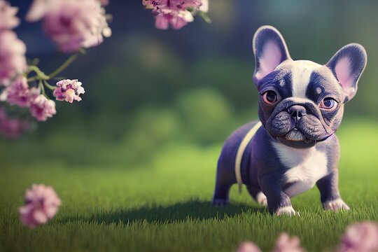 3D-Rendered French Bulldog puppy playing outside and enjoying the weather. computer-generated image meant to mimic photorealism