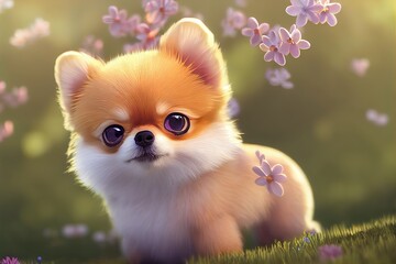 Fototapeta na wymiar 3D-Rendered Pomeranian puppy playing outside and enjoying the spring weather. computer-generated image meant to mimic photorealism