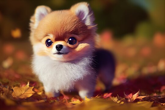 3D-Rendered Pomeranian puppy playing outside and enjoying the weather. computer-generated image meant to mimic photorealism
