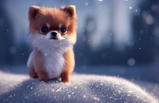 3D-Rendered Pomeranian puppy playing outside and enjoying the winter weather. computer-generated image meant to mimic photorealism