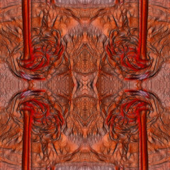 Ancient rock art. Seamless texture with red shades and crumpled symmetrical patterns. Beautiful abstraction with a complex pattern.