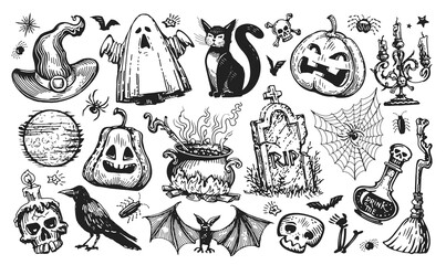Halloween concept. Holiday elements set for flyer, greeting card, web banner design. Sketch vintage vector illustration