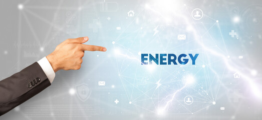 Hand pointing at inscription concept