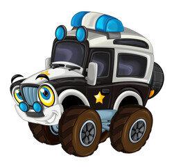 cartoon happy and funny off road police car looking like monster truck smiling vehicle illustration for children
