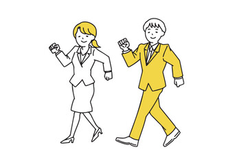 歩くスーツ姿の若い男女　シンプルな線の人物イラスト