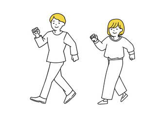 歩くシニアの男女のセット　シンプルな線の人物イラスト