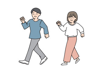 歩くシニアの男女のセット　シンプルな線の人物イラスト