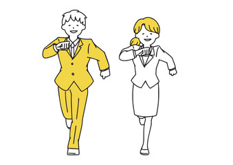 走ってこっちに向かってくるスーツの男女セット　シンプルな線の人物イラスト