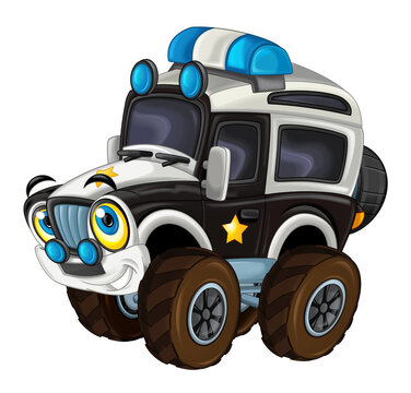 recommend clip art: cartoon happy and funny off road police car looking like monster truck smiling vehicle illustration for children