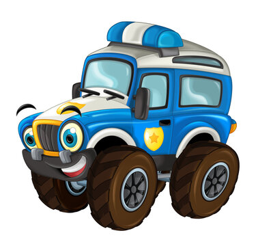 recommend clip art: cartoon happy and funny off road police car looking like monster truck smiling vehicle illustration for children