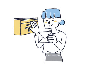 手紙やダイレクトメールを受け取った女性　コミカルな手書きの人物　ベクター、線画にカラー