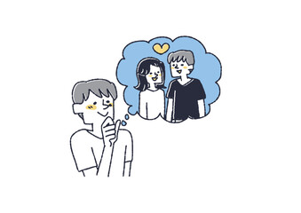 憧れの女性とのデートを夢見る男性　コミカルな手書きの人物　ベクター、線画にカラー