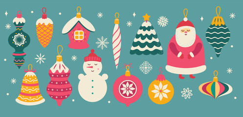 Vintage Christmas toys collection. Vector flat illustration set