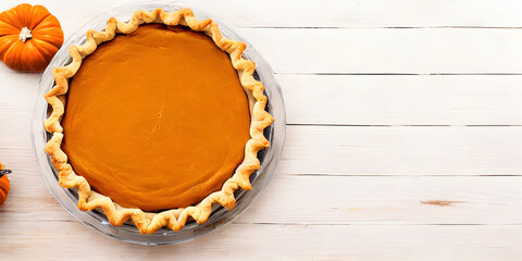 Pumpkin pie on a white wooden board