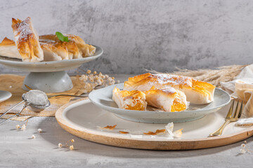 Typical portuguese sweets Pasteis de Vouzela served on countertop. Filo pastry with egg cream filling