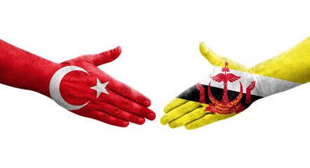 Handshake between Brunei and Turkey flags painted on hands, isolated transparent image.