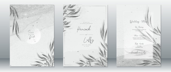 Elegant wedding invitation card template with nature leaf and watercolor gray background - obrazy, fototapety, plakaty