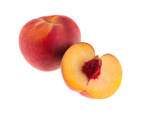 Whole and cut ripe peaches isolated on white