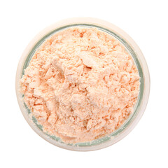 Lentil flour in glass jar isolated on white, top view