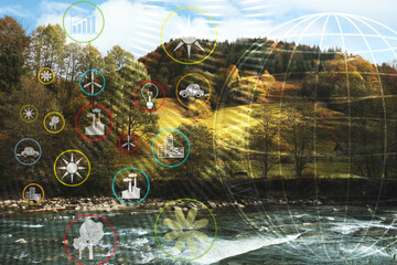 Digital icons of sustainable development goals and view of beautiful river flowing near mountain
