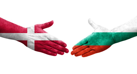 Handshake between Bulgaria and Denmark flags painted on hands, isolated transparent image.