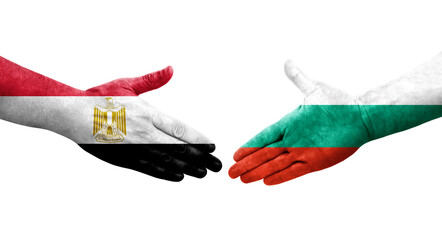 Handshake between Bulgaria and Egypt flags painted on hands, isolated transparent image.