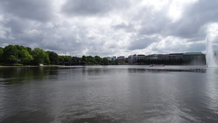 Lake, clouds, water, fountain, trees, buildings at hamburg, germany