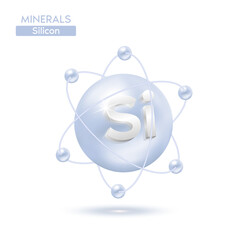 Minerals silicon atom surrounded by electrons silver. Icon 3D isolated on a white background. Medical scientific concepts. 3D Vector EPS10 illustration. - obrazy, fototapety, plakaty