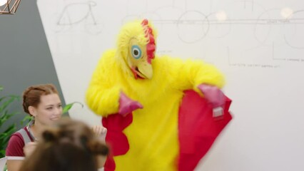Employee in chicken suit, dancing funny meme and crazy office prank in team building meeting. Comedy happy brand mascot with funky halloween dance, startup workshop event and comic business party