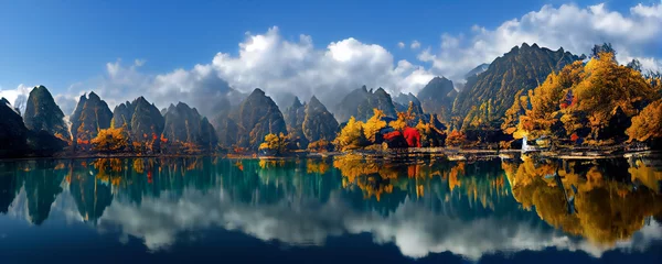 Bergpanorama einer wunderschönen alpinen Herbstansicht mit Spiegelungen in einem See. Berglandschaft, See und Bergkette, großes Panorama. 3D-Rendering © Viks_jin