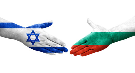 Handshake between Bulgaria and Israel flags painted on hands, isolated transparent image.