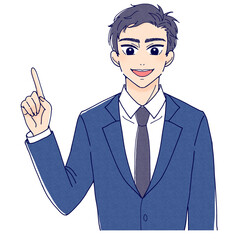 手で指し示すスーツ姿の日本人男性
