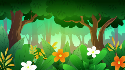 Beautiful Cartoon Forest with thick bushes, Flower and trees, landscape vector illustration