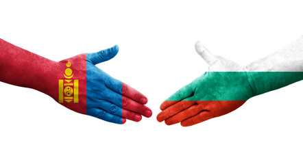 Handshake between Bulgaria and Mongolia flags painted on hands, isolated transparent image.