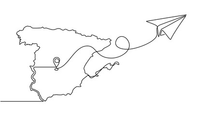 Continuous one line drawing of Spain domestic aircraft flight routes. Spain map icon and airplane path of airplane flight route with starting point location in doodle style. Transparent background