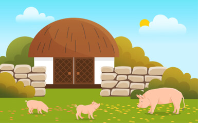 Farmyard, modern ecological farm vector illustration. Pig with piglets standing against farm landscape. Animals on background of field and barn. Organic farming, traditional agriculture concept