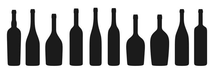 Wine bottle different shapes silhouette set. Various types alcohol beverages red, white, sparkling wine champagne liquor. Celebration advertisement blank bottles engraving stamp stain design bar, cafe