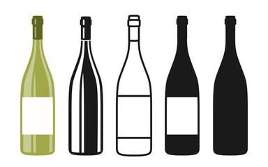 Wine bottle symbol set, icon line, stamp engraving silhouette vintage design. Alcohol beverages white wine, champagne. Celebration winemaking advertisement bottles mockup for bar, restaurant vector