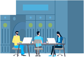 Web hosting and administrators in virtual server room, datacenter and database cloud storage, memory slot, futuristic technology, VPN system, data processing and encryption, employees programmers