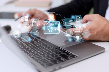 Fingerprint scanning and biometric authentication. system for document management (DMS). software that automates the archiving and management of data files. concept of Internet technology.