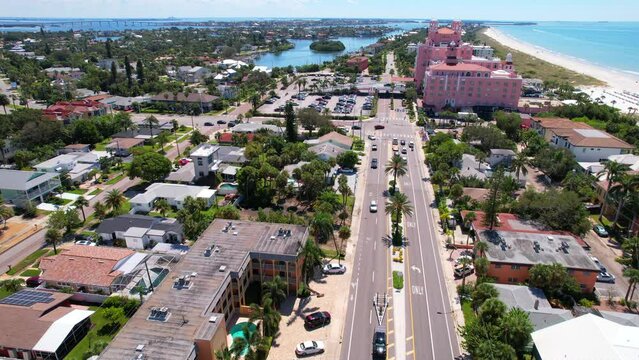 Florida. Summer vacations. St. Pete Beach Florida US. Ocean beach, hotels and resorts. Turquoise color of salt water. American Coast or shore line. Gulf of Mexico. St Petersburg Florida. Tampa bay.