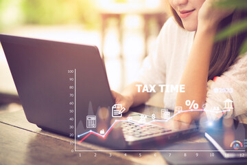 Concept of tax payment optimization business finance, people with taxes icon on technology screen, income tax and property, background for business, individuals and corporations such as VAT