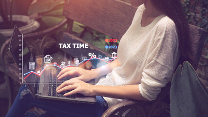Concept of tax payment optimization business finance, people with taxes icon on technology screen, income tax and property, background for business, individuals and corporations such as VAT