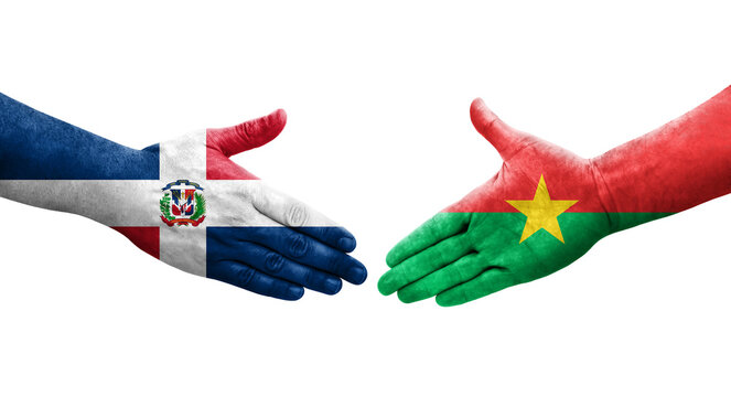 Handshake between Burkina Faso and Dominican Republic flags painted on hands, isolated transparent image.