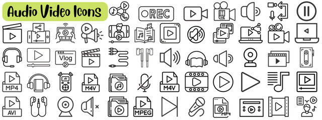 Set of audio video icon collection with editable stork.