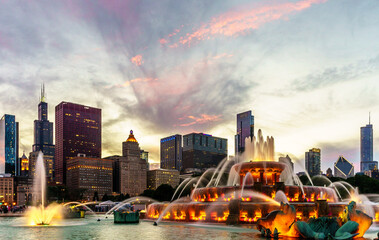 Chicago, IL - August 9 2021: Buckingham Fountain with the Chicago Skyline in the Background during Sunset