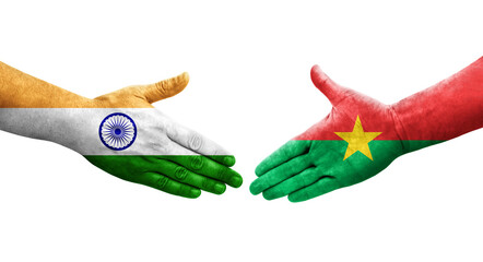 Handshake between Burkina Faso and India flags painted on hands, isolated transparent image.